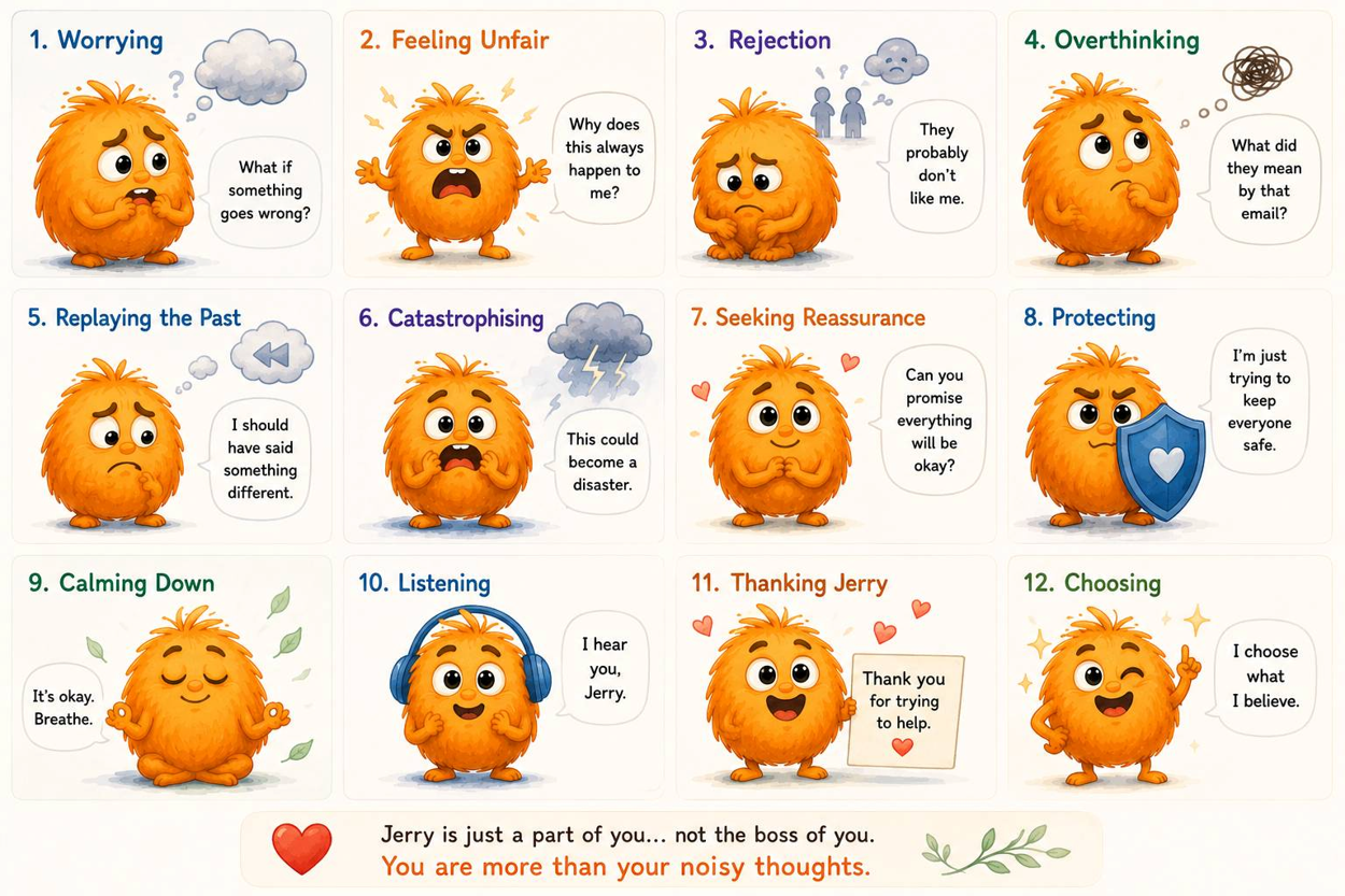 Twelve ways Jerry shows up — Worrying, Feeling Unfair, Rejection, Overthinking, Replaying the Past, Catastrophising, Seeking Reassurance, Protecting, Calming Down, Listening, Thanking Jerry, Choosing